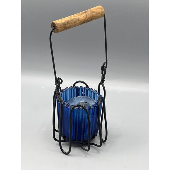 Cobalt Blue Glass Candle Holder With Iron Holder Wood Handle Primitive Look 4.5" - Picture 8 of 15